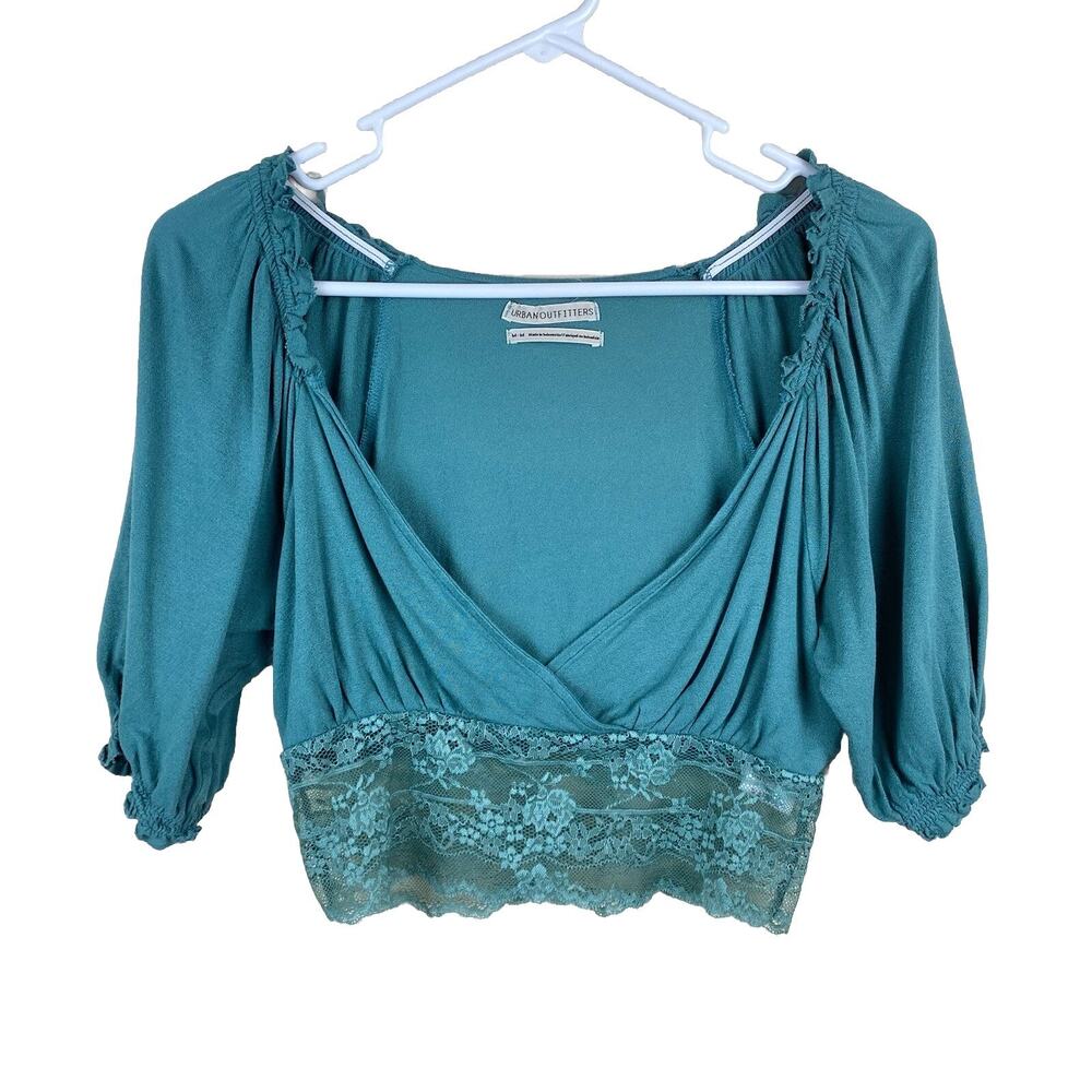 Urban Outfitters Ruffle Lace Plunge Neck Top Teal Womens Size M Boho Coquette